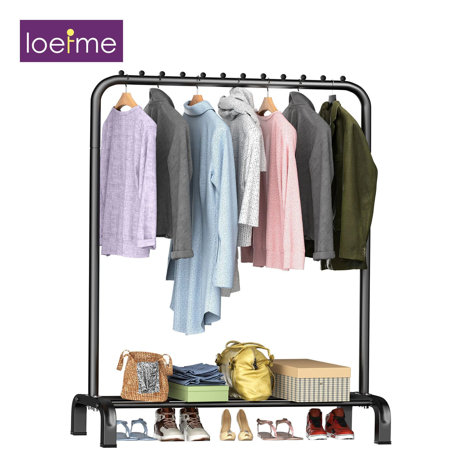 LOEFME Heavy Duty Metal White Clothes Rack Double-Tier Shelves Clothing Rack