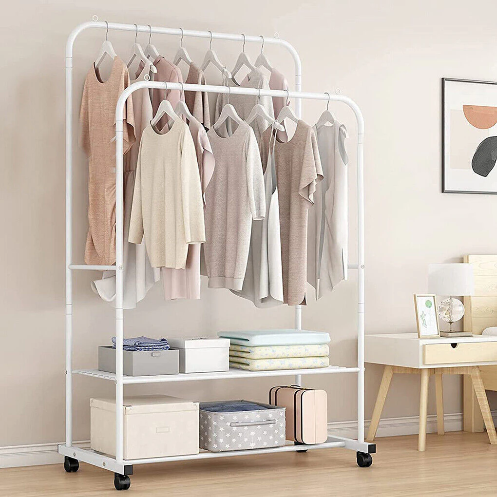 Heavy Duty Double Rail Garment Rack Rolling Clothes Rack w/ 2Tier Storage Shelf