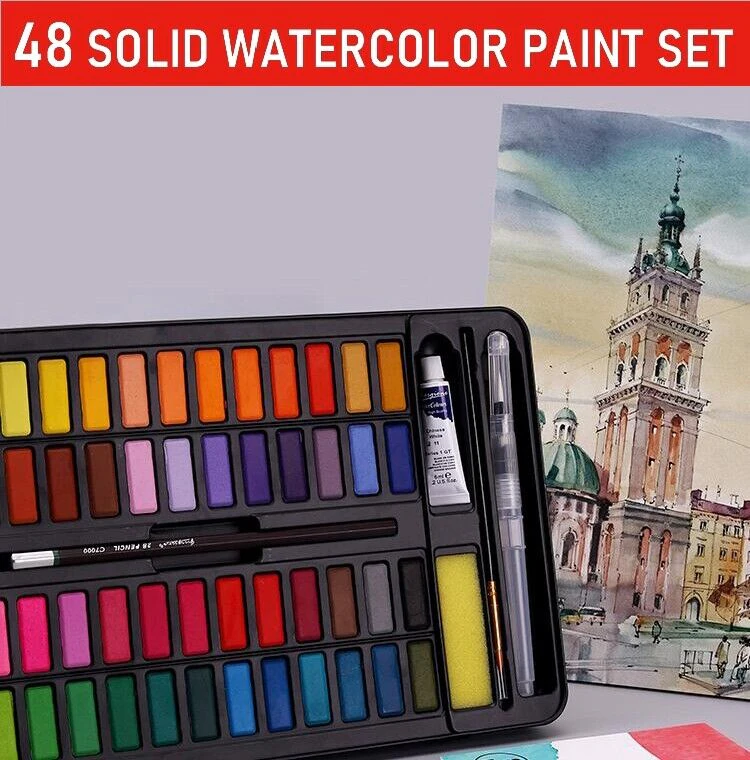 48 Colors Solid Watercolor Paint Set Black Iron Box Watercolour Pigments Art Kit