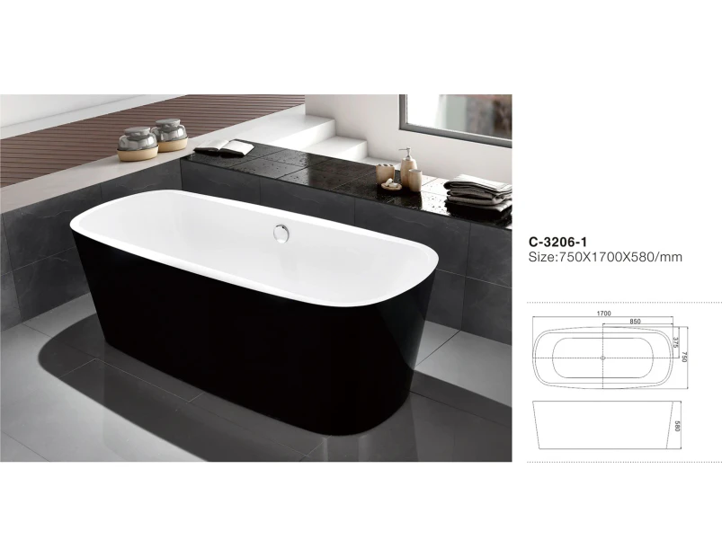 THH Acrylic Free Standing Bathtub Black White 750*1700*580mm