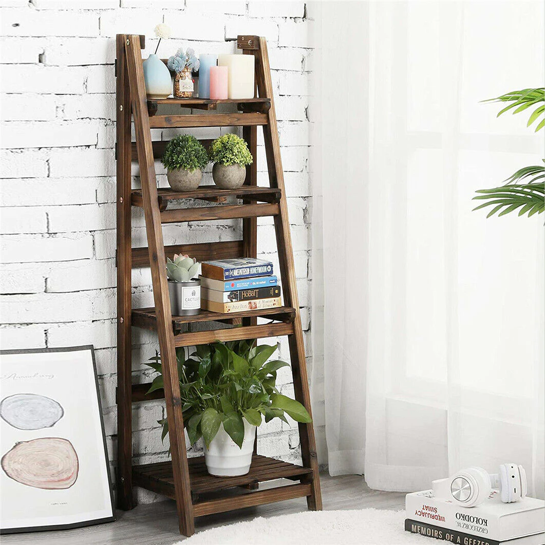 Wooden Ladder Plant Stand Magazine Holder with Shelf Pot Organizer Display Rack