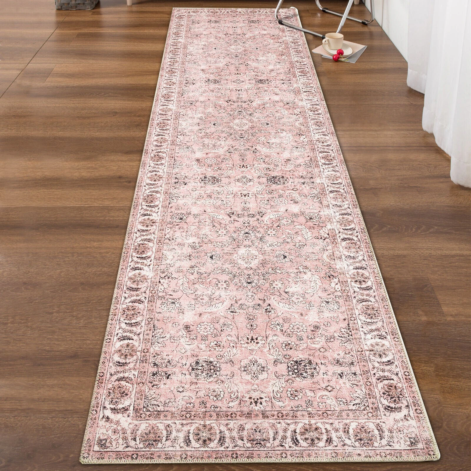 Hallway Runner Dusty Pink Allover Persian Corridor Runner Washable Rug 80x300cm