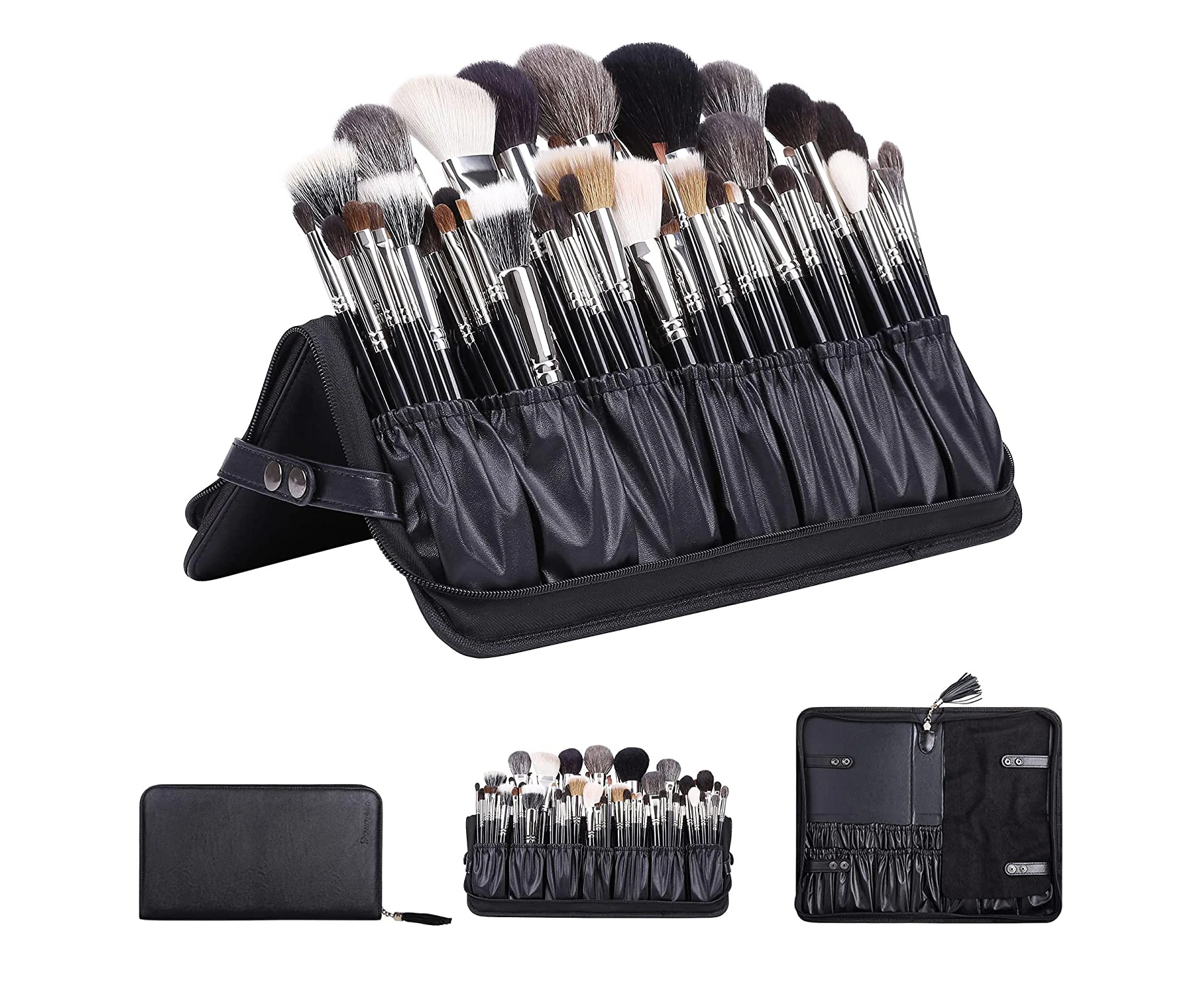 Professional Makeup Brushes Organizer Bag Makeup Artist Cosmetic Case Leather Makeup Handbag Black Travel Portable(Only Bag)