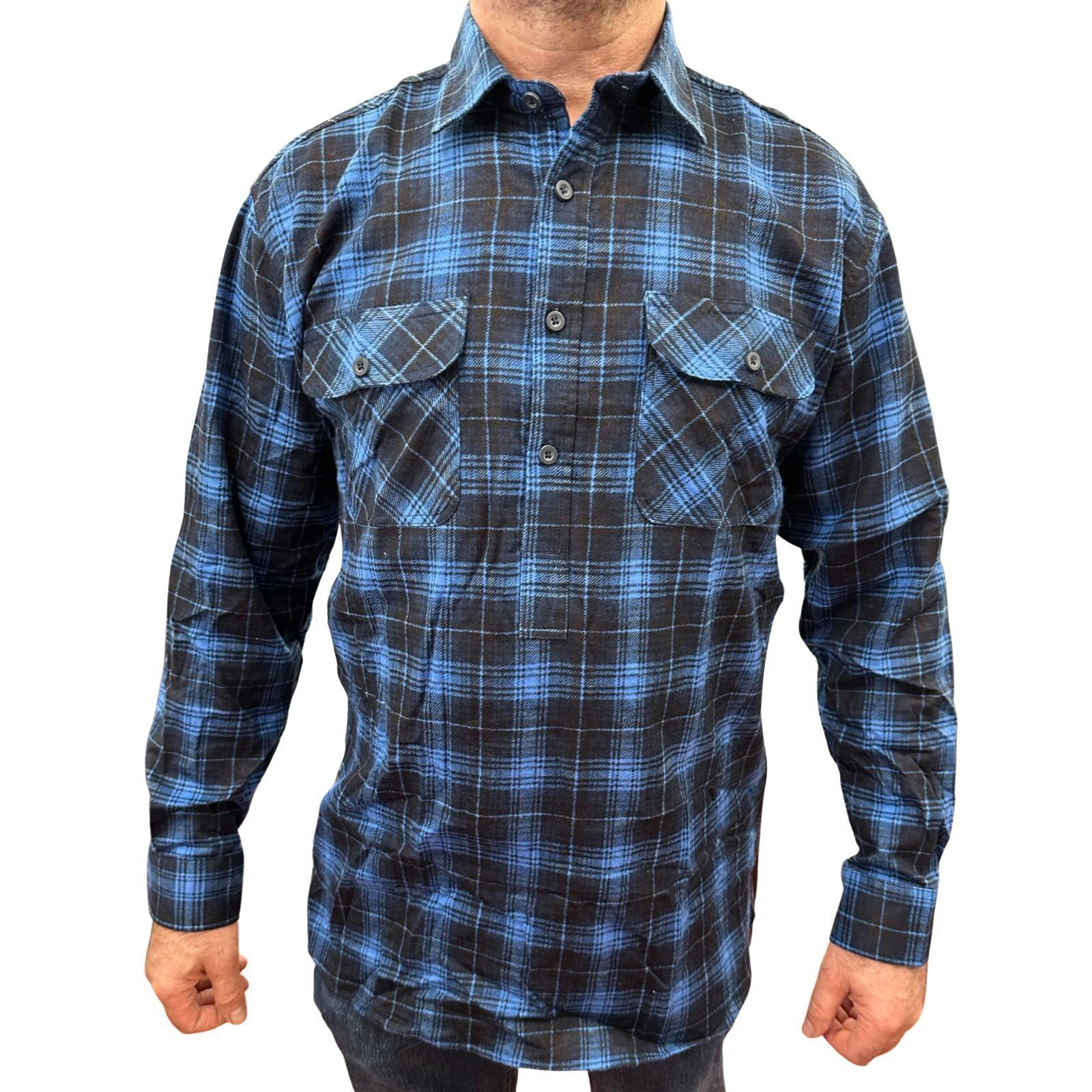 Men's Flannelette Long Sleeve Pullover Shirt 100% Cotton Flannel - Half Placket - Blue