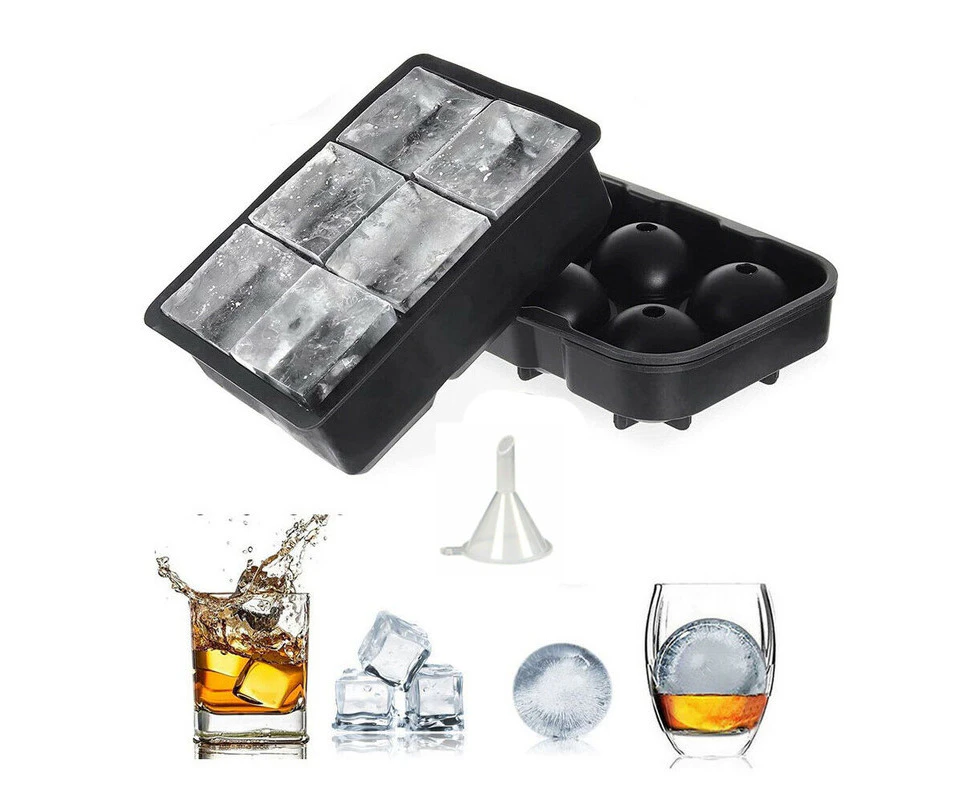 Square + Circle Set 6 Large Ice Cube Tray Ball Maker Big Silicone Mold Sphere Whiskey Round Mould