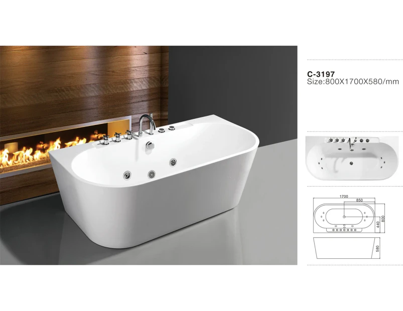 THH Acrylic Free Standing Bathtub with Jacuzzi & Spa Bath White 800*1700*580mm
