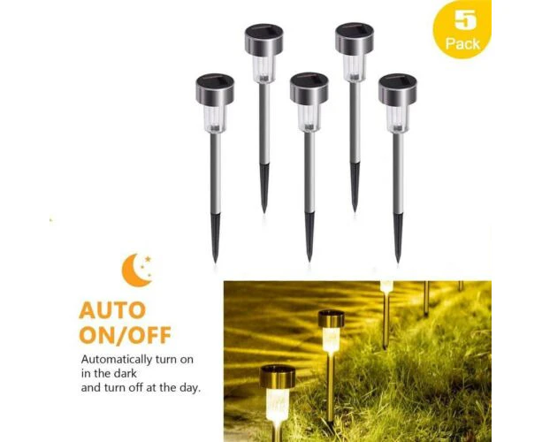 Stainless Steel Solar Lights Garden Outdoor LED Landscape Lamp Fr Path Lawn Yard - White light(5Pcs)