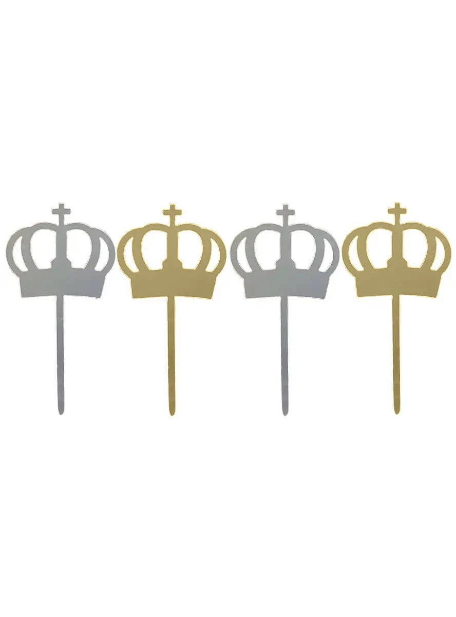 Silver Mirror Crown Shape 4 Pack Cake Toppers with Gold Back - New