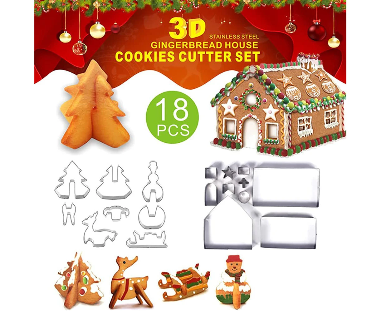 18 Pcs Gingerbread House Baking Mold Christmas Stainless Steel 3D Three-Dimensional Cookie Mold DIY High-Point Baking Mold