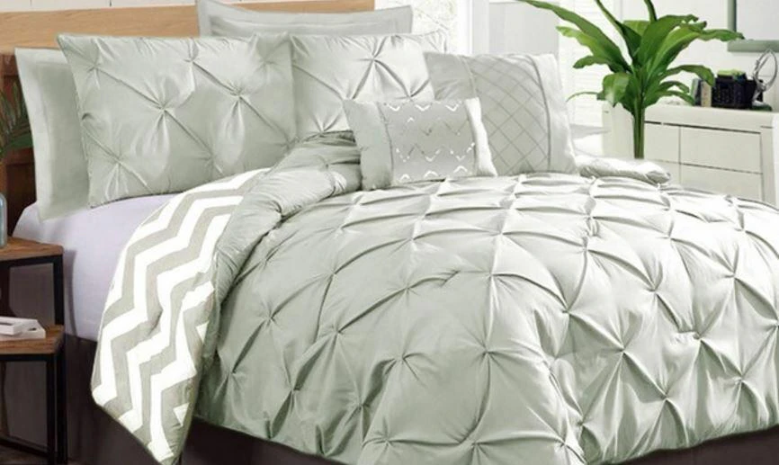 7 Piece Pinch Pleat Comforter Set | Pintuck Bedding Set | Diamond Embroidery Pintuck Duvet - Silver