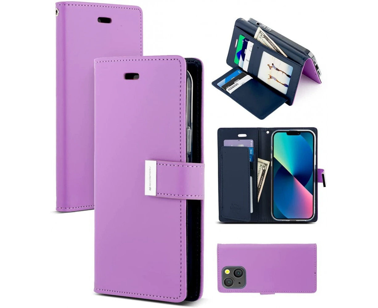 iPhone 11 Pro Max 6.5" Mercury Goospery Rich Diary Dual Wallet Flip Case Phone Cover Stand with 5 Card Holder Slots, Purple