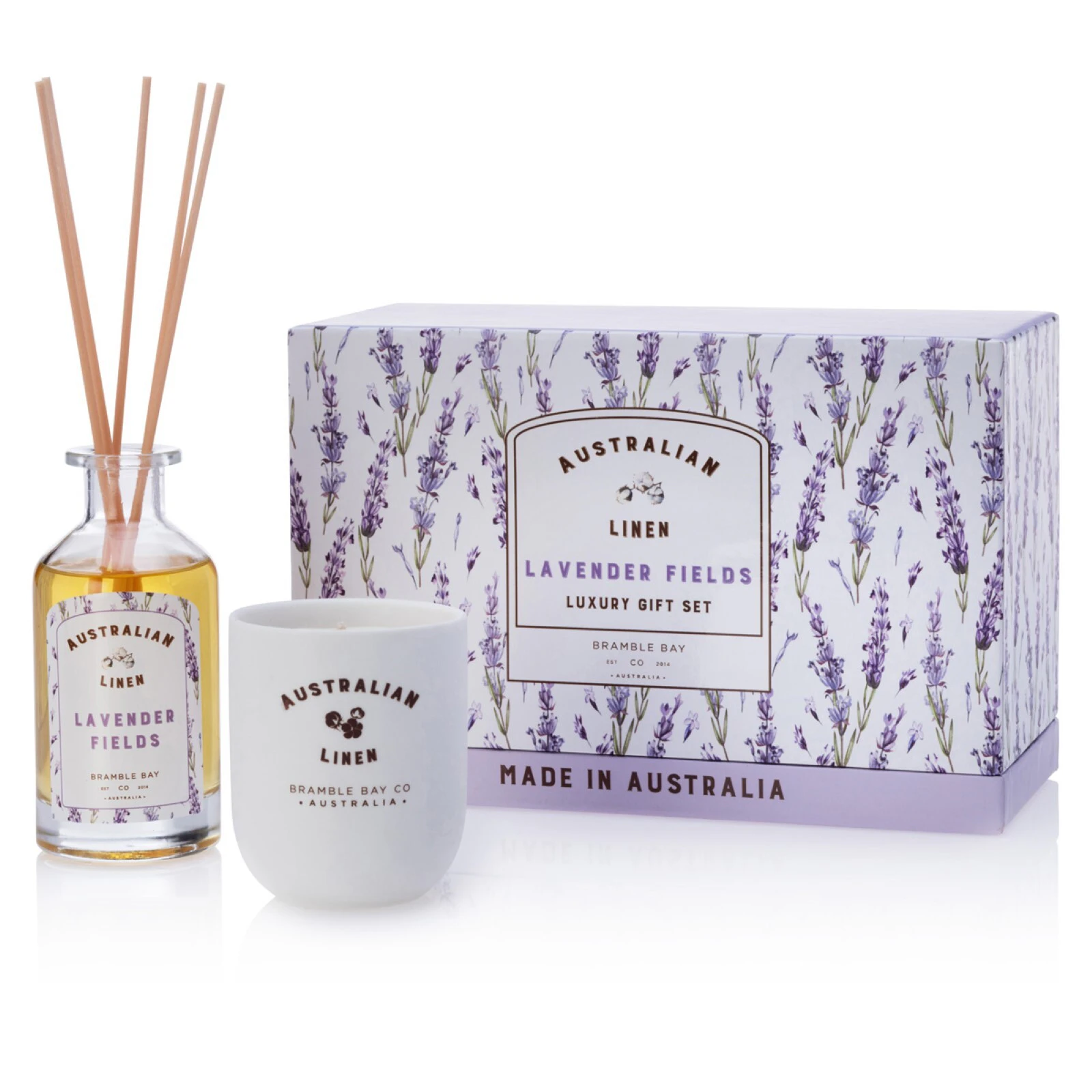 Bramble Bay Australian Linen Lavender Fields Candle & Diffuser Gift Box Set