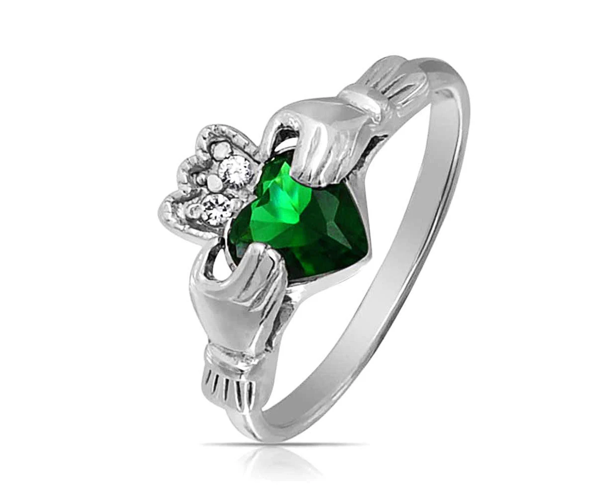 (Sterling-silver, cubic-zirconia, 5, Green) - Bling Jewellery Celtic Claddagh Simulated Emerald CZ Heart Ring 925 Sterling Silver