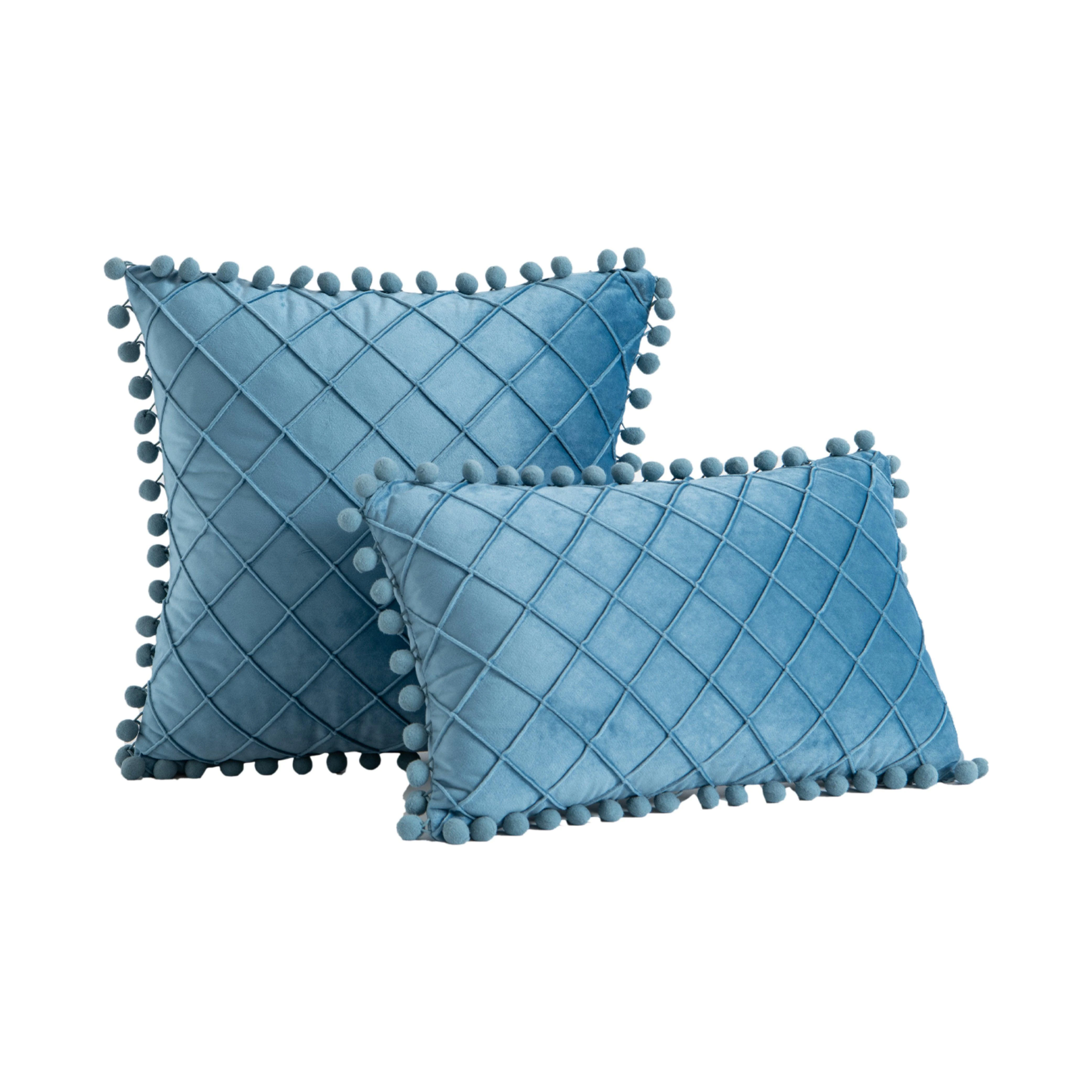 Hyper Cover Pom Pom Diamond Pleated Checked Velvet Cushion Cover - Cerulean