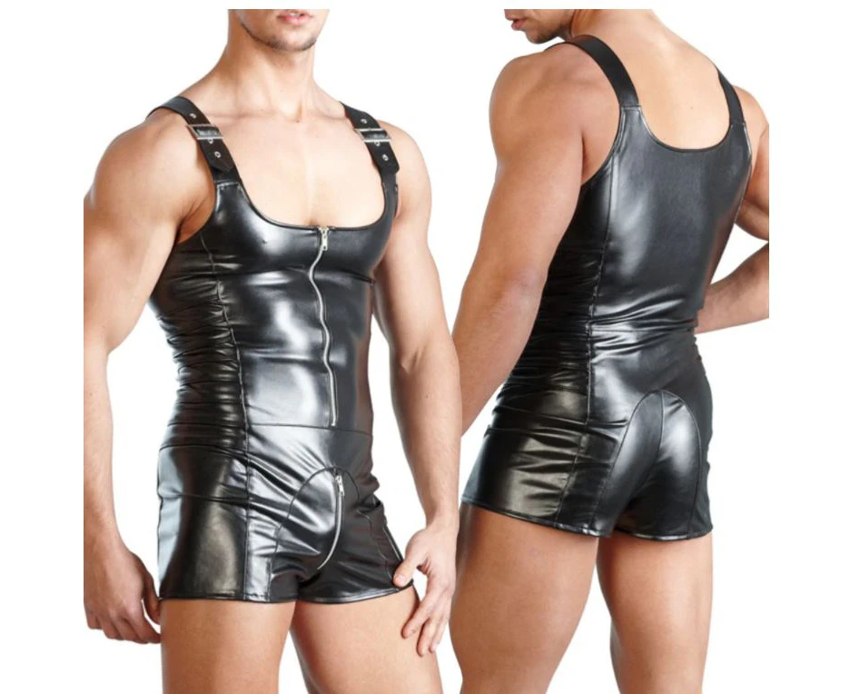 Sizzleather-Sexy Men Sleeveless Open Crotch Genuine Leather Zipper Bodysuit Shorts Jumpsuit