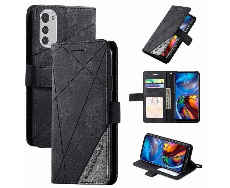 For Motorola Moto E32 SupRShield Wallet Leather Card Holder Flip Protective Shockproof Magnetic Case Cover (Black)