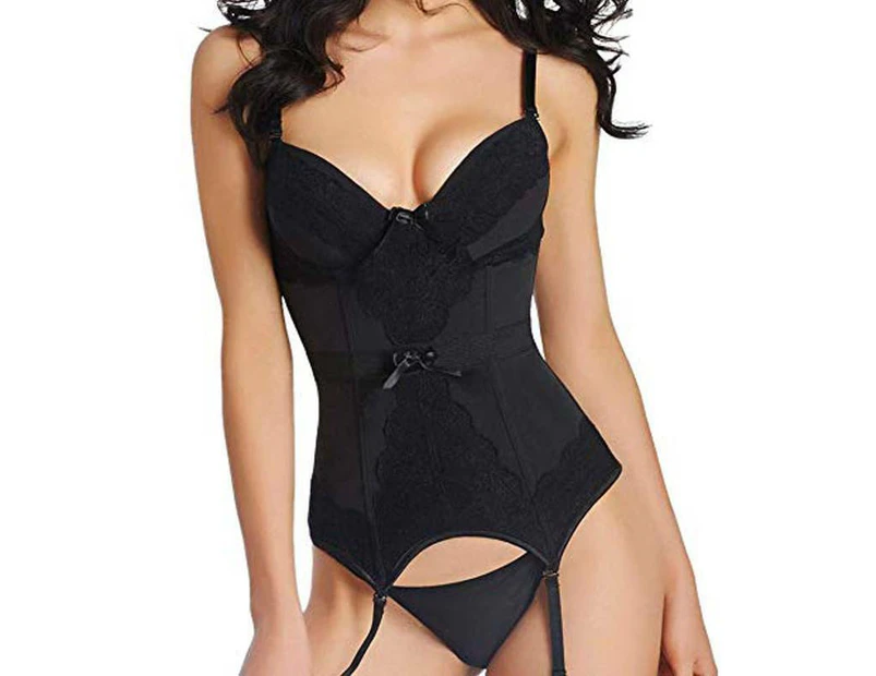 Women Sexy Erotic Lingerie Underwear Slim Suspender Set Bodystocking Nightwear - Black