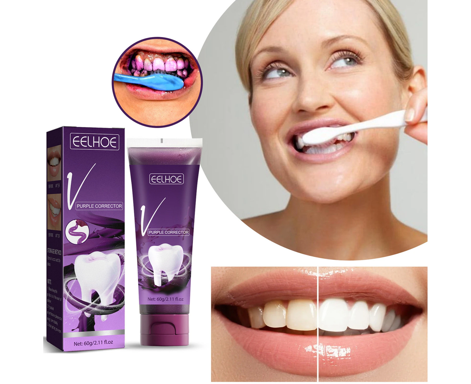 60g Whitening Toothpaste Deep Penetration Refreshing Breath Durable Food Scraps Decompose Pigment Spots Purple Corrector Teeth Toothpaste for Home- 60 g