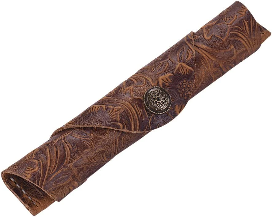 Vintage Handmade Leather Single Pen Case Holder Cowhide Fountain Pen Sleeve Roll Wrap Pen Pouch (Brown Carved)