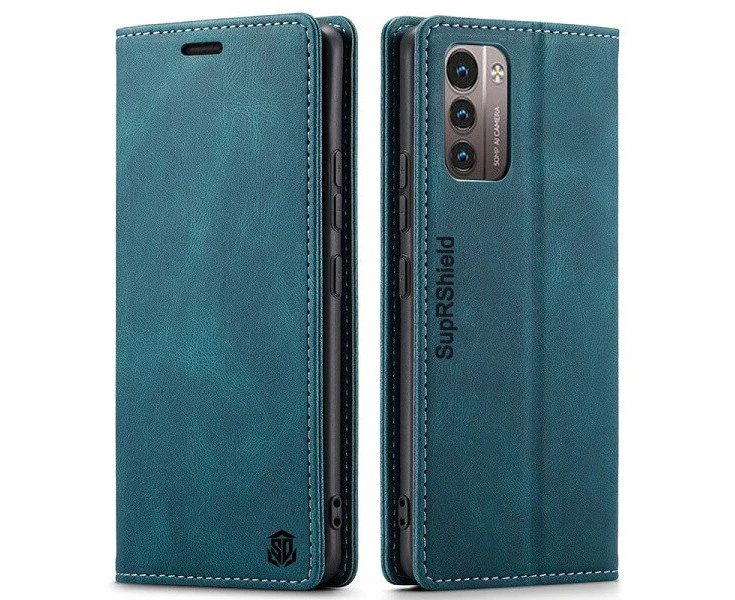 SupRSield For Nokia G21 Case RFID Blocking Retro Flip Premium Leather Card Holder Wallet Cover - Cyan Blue