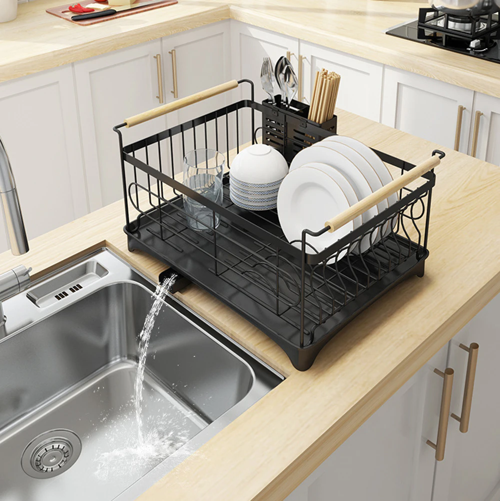 Viviendo Dish Drying Rack Kitchen Drainer with Cutlery Holder Drip Tray Handles