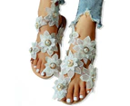 Women Fashion Lace Flowers Faux Pearls Inlaid Shoes Summer Clip Toe Flat Sandal-White - White