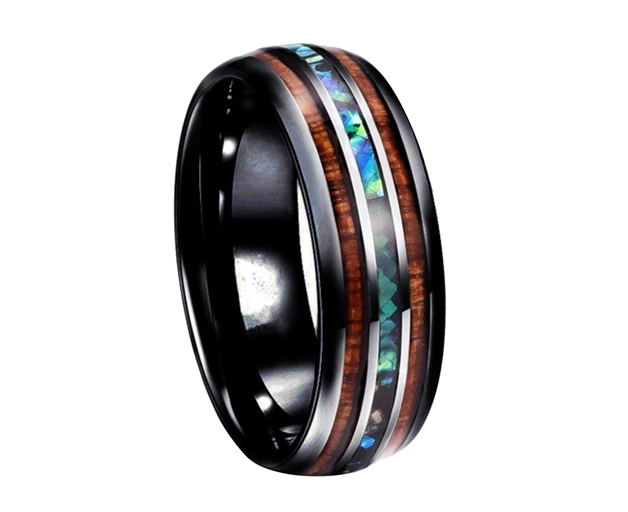 Fashion Unisex Wooden Abalone Shell Titanium Steel Ring Wedding Party Jewelry-Black US 12