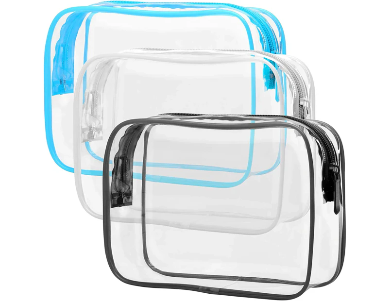 Clear Toiletry Bag, 3 Pack Toiletry Bag Quart Size Bag, Travel Makeup Cosmetic Bag for Women Men, Carry on Airport Airline Compliant Bag - Black White Blue