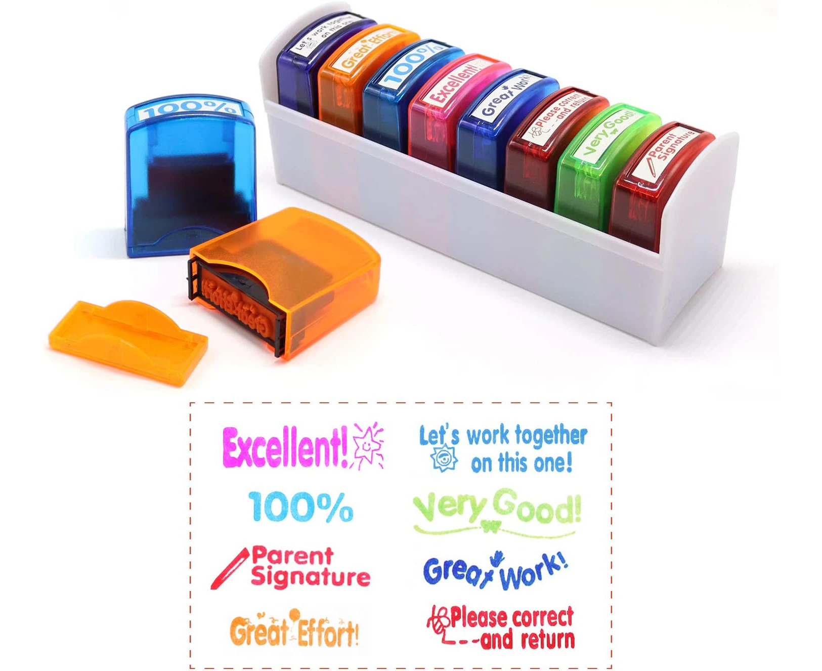 8-Piece Colorful Self-Inking Motivation School Grading Teacher Stamp Set and Tray