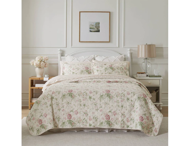 Laura Ashley Bed Breezy Floral Printed Coverlet Pillowcase Set Pink/Green - Pink/Green
