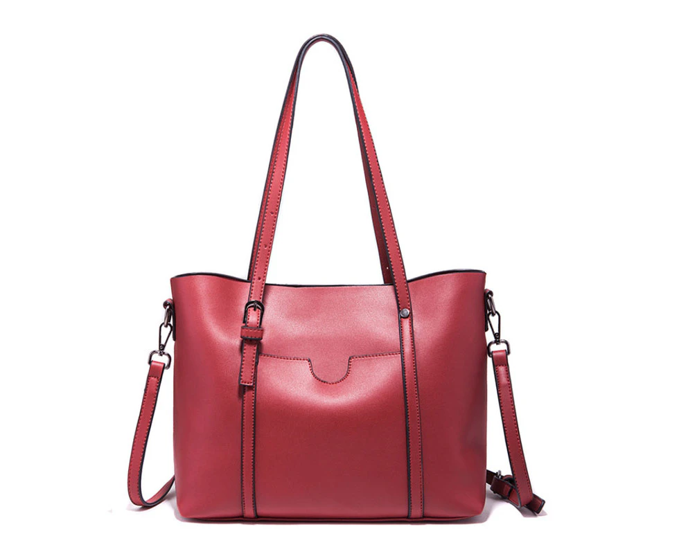 Soft Leather Tote Bag - Wine Red