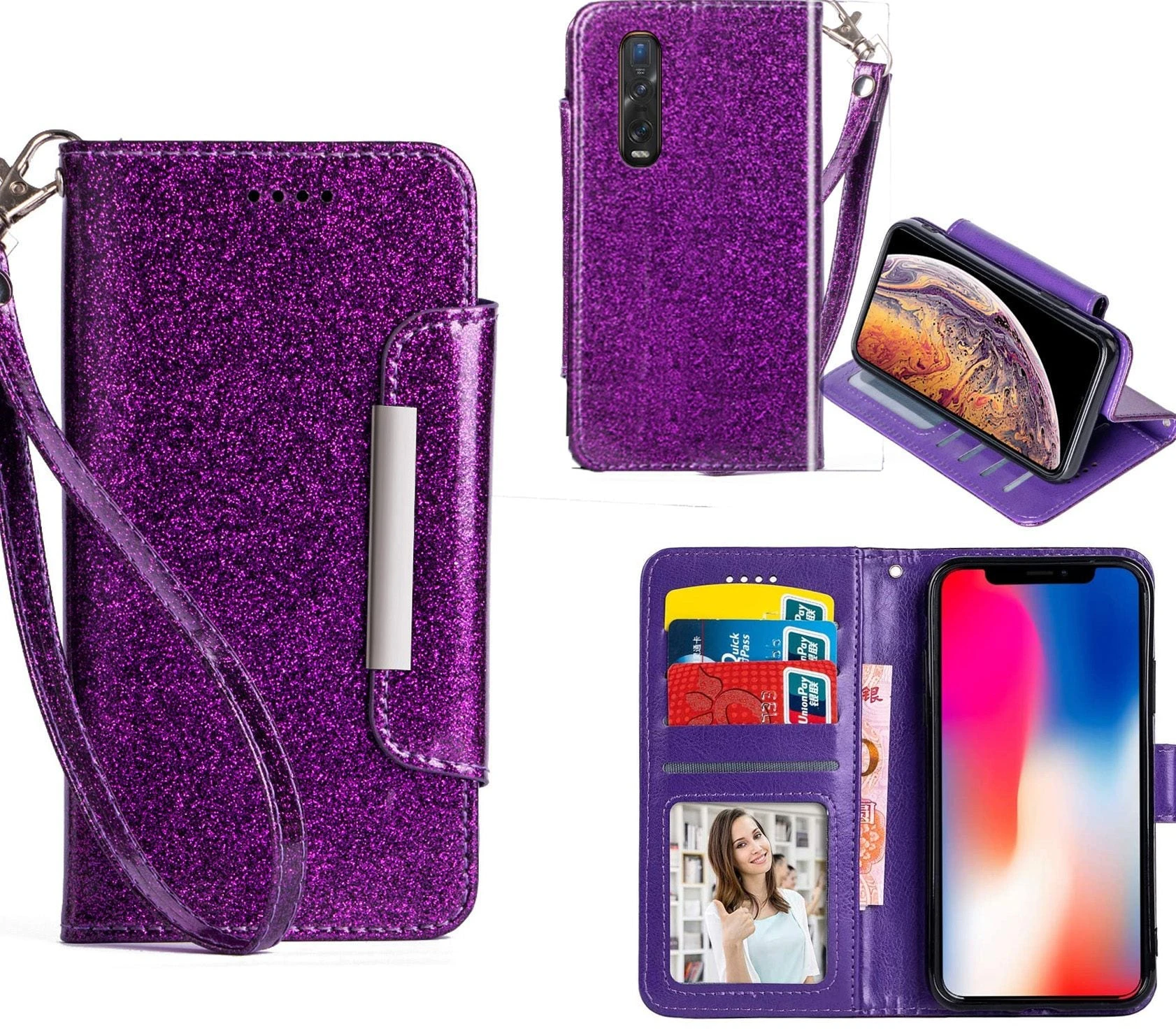 Oppo Find X2 Pro Case Wallet Cover Glitter Purple