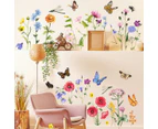Summer Floral&Grass Wall Decal - Garden Flower Wall Decals-Floral Butterfly Wall Art Stickers for Bedroom