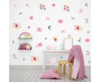 Watercolor Pink Flowers Wall Decal, Blooming Peony Floral Wall Sticker for Girls Bedroom  Decoration