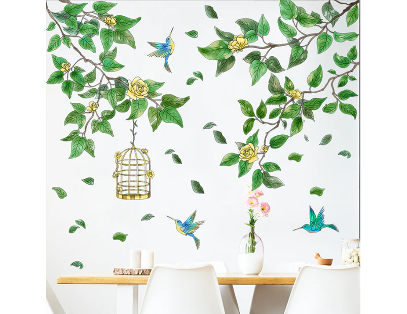 Tree Branch Wall Sticker,Green Leaf and Flying Bird DIY Art Wall Decal, Self-Adhesive Wall Decoration