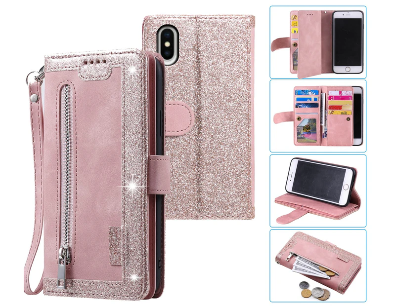 iPhone X Case Wallet Cover Glitter Rose Gold