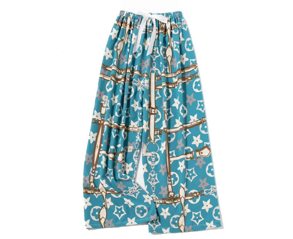 Women's Comfy Drawstring Wide-Leg Sleepwear Pants - Floral on Blue - FloralonBlue