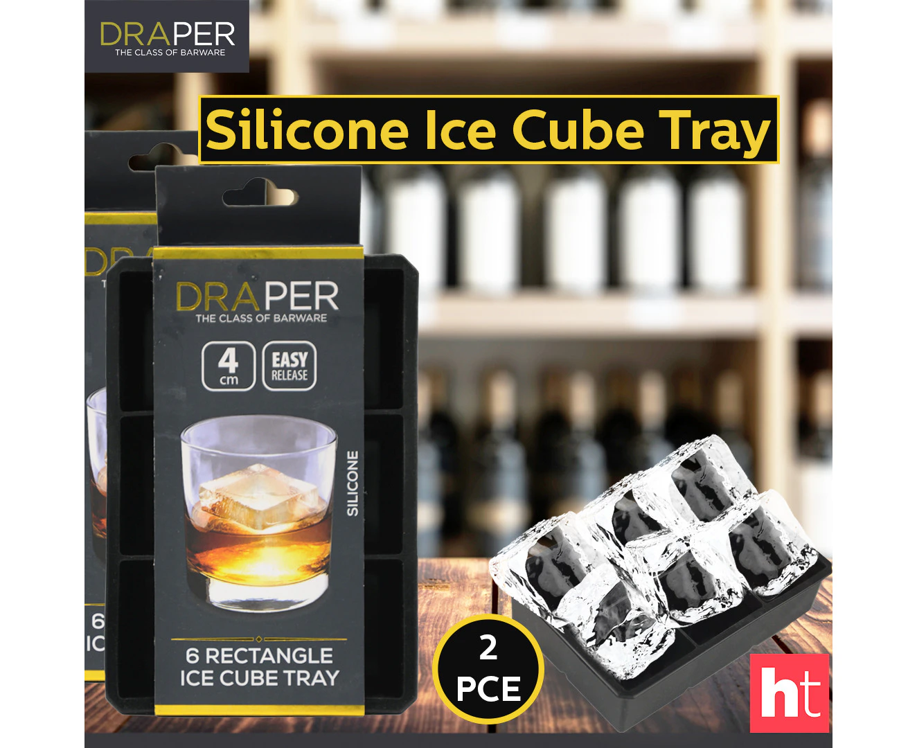 Draper 6 Rectangle Silicone Ice Cube Tray 4Cm 2Pce Easy Release Perfect To Whiskey Scotch Bourbon