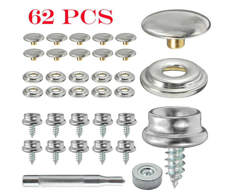 62PCS Stainless Steel Canvas to Screw Press Stud Snap Kit Boat Cover Bolts Fasteners