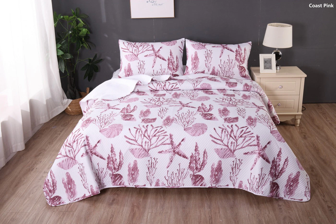 Ramesses Printed Reversible 3pc Ultrasonic Cooling Bamboo Comforter Set | Two Sided Coverlet | 4 Designs - 2 Sizes - Coast Pink