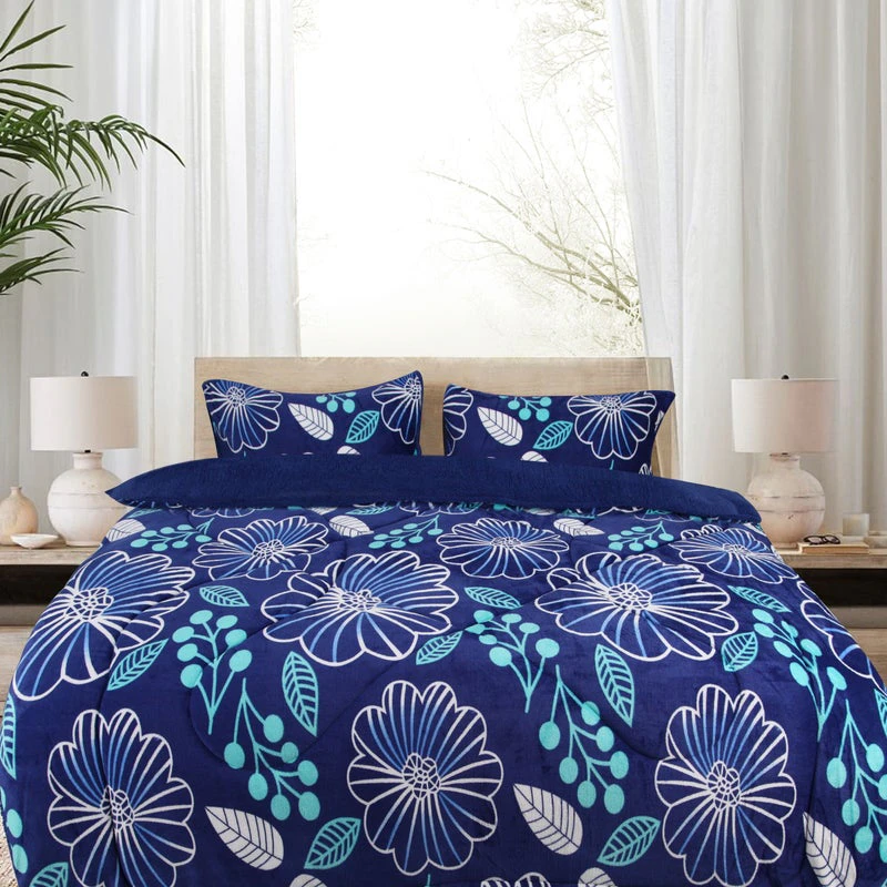 Ramesses 2 in 1 Printed Sherpa Flannel Fleece Reversible Blanket Set | Ramesses Flannel Comforter Blanket Set - Blue Flower