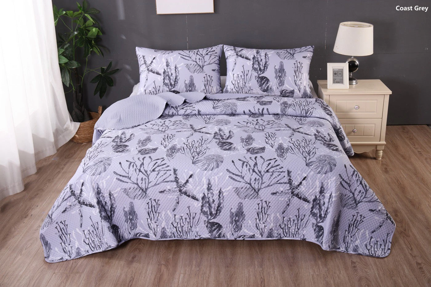 Ramesses Printed Reversible 3pc Ultrasonic Cooling Bamboo Comforter Set | Two Sided Coverlet | 4 Designs - 2 Sizes - Coast Grey