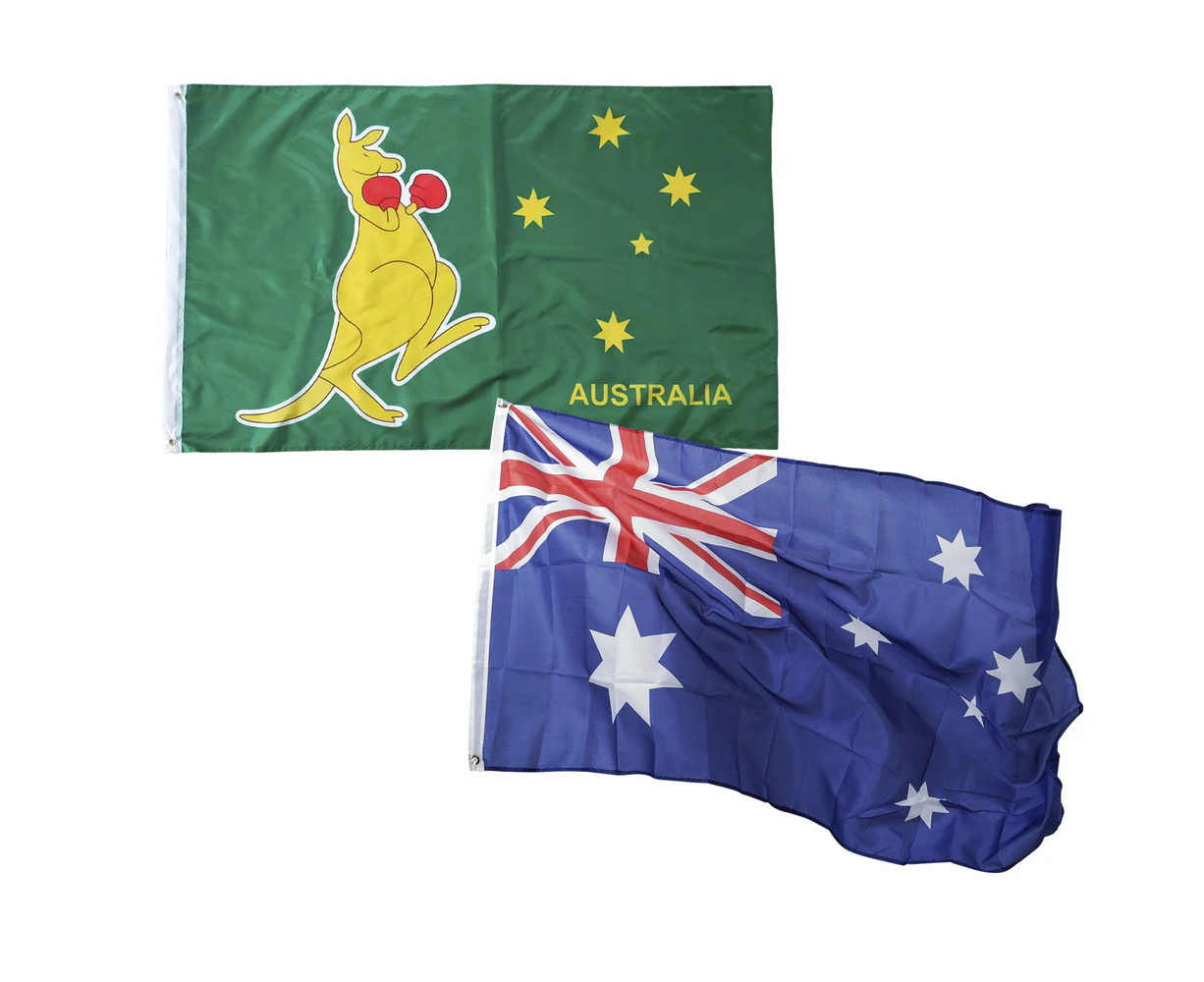 Australian Boxing Kangaroo Flag Australia Large, 3 x 6 ft ( 90 x 180 cm ) 2pcs, Flags Aussie OZ AU National Day Banner Symbol Polyester Color Feet