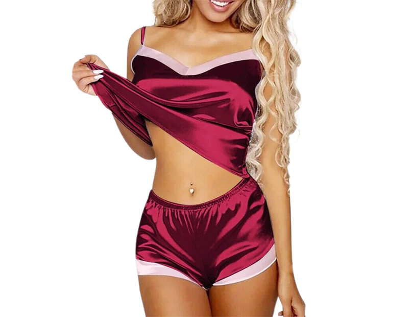 Sexy Lingerie Set Slip Crop Tops + Girl shorts Women Babydoll Sleepwear Nightwear - Red