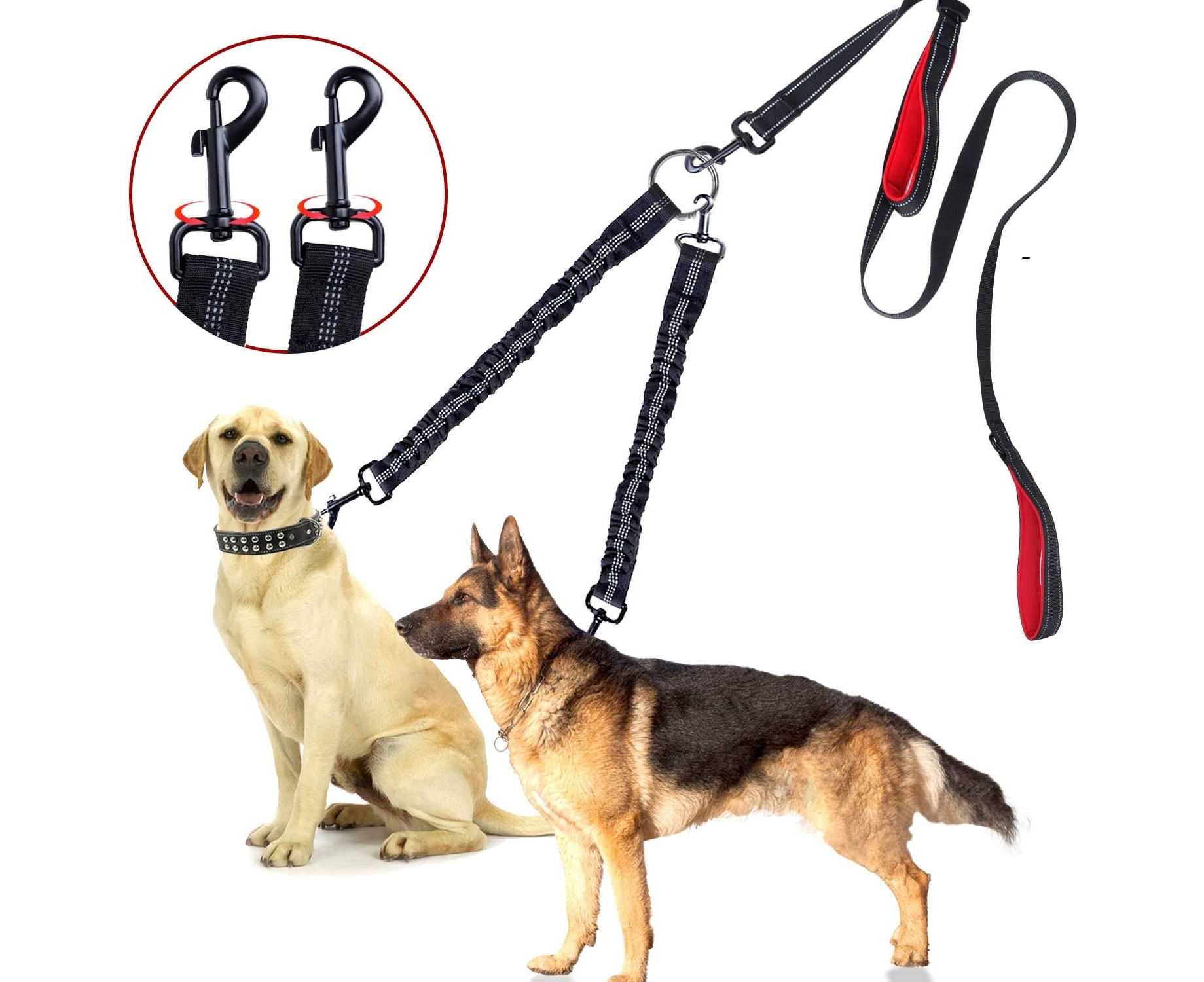 Double Dog Leash No Tangle 360 Swivel Rotation Reflective Double Lead Adjustable Length Dual Two Dog Lead Splitter Comfortable Shock Absorbing Walking T Catch