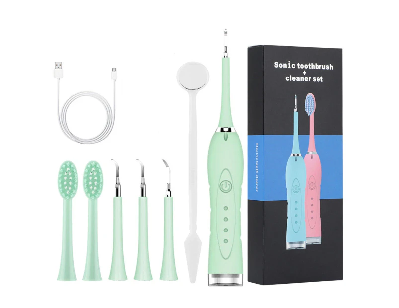 7 in 1 Sonic Electric Dental Calculus Scaler USB Charger Toothbrush Portable Tartar Remover Teeth Whitening Stone Stains Cleaner - Green with 6 heads