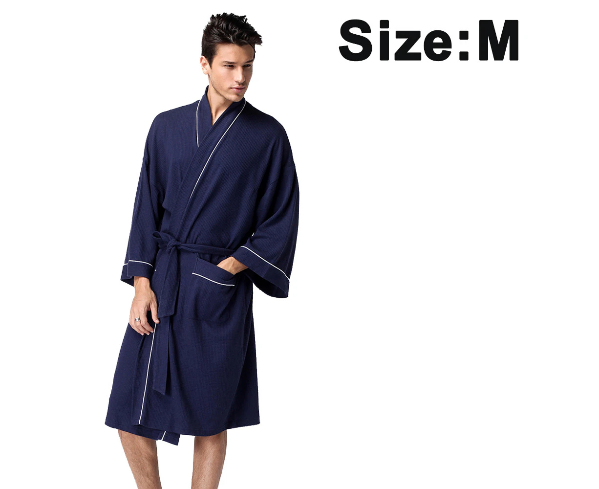 Nightgown Robe Soft Absorbent Lightweight Long Kimono Waffle Hotel/Spa Cotton Bathrobe - Navy blue border