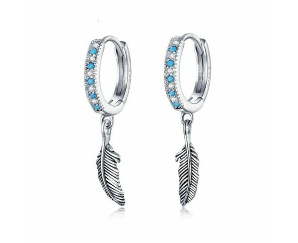 SOLID Sterling Silver Hoop Bohemian Feather Turquoise Earrings by YOUnique Designs