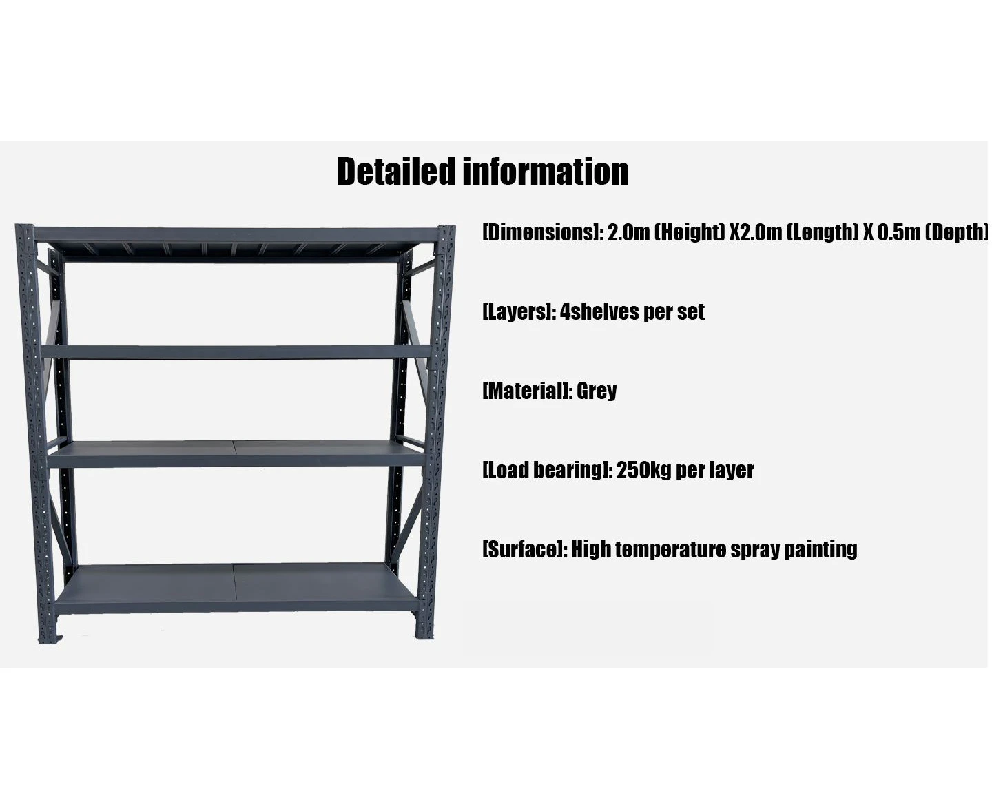 Steel Power Shelving 2.0m(H) x 2.0m(L) x 0.5m (D) 1000kg Grey Shelving - Grey