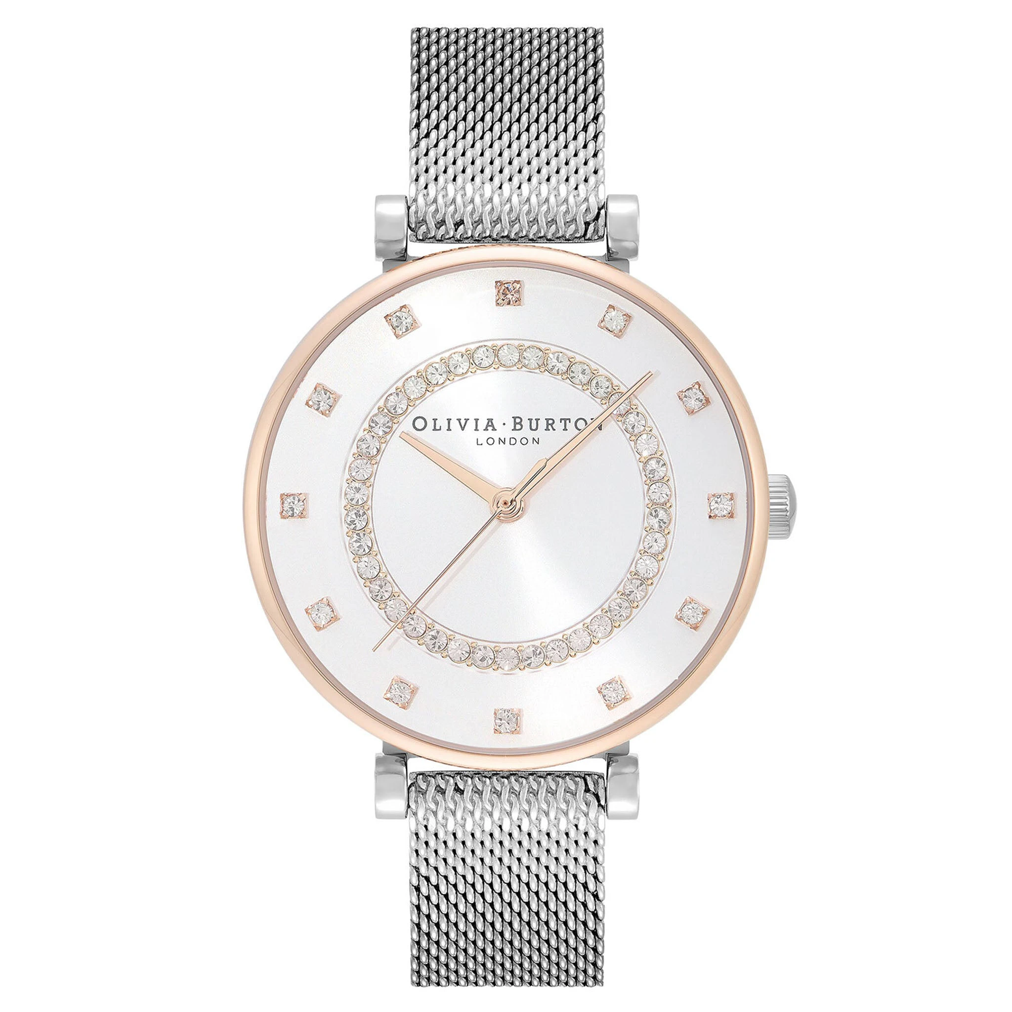 Olivia Burton Steel Mesh Silver White & Stone Dial Women's Watch - 24000004